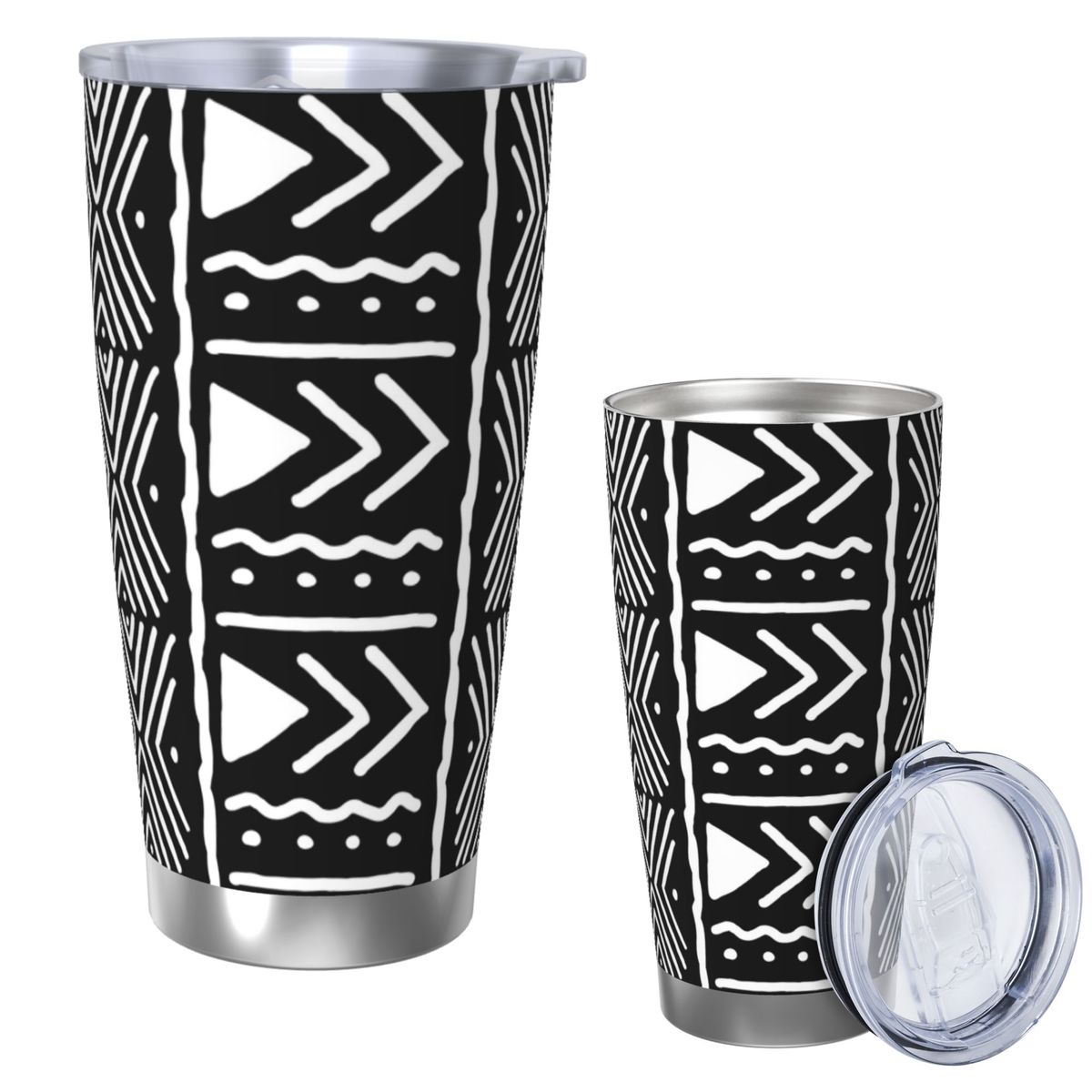 Tumbler 20Oz White - 黒と白のアフリカのボゴラン部族柄ステンレス鋼タンブラー真空断熱マグ保温保冷ボトルストロー付き20オンス
