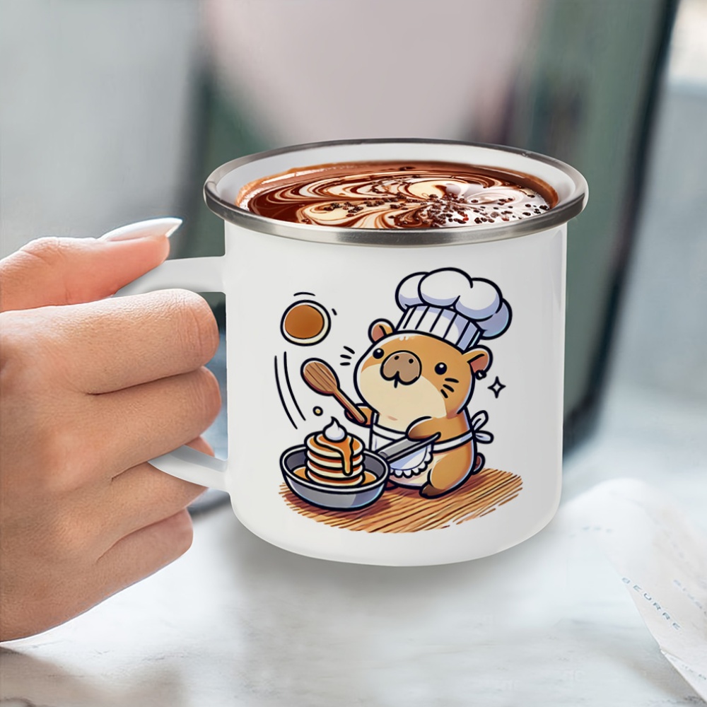 Sublimation Mug White - 1個入り、「チャーミングハムスタークックとパンケーキ」ホワイトエナメル昇華マグカップ、シルバーエッジ入り、屋内用レトロスタイル