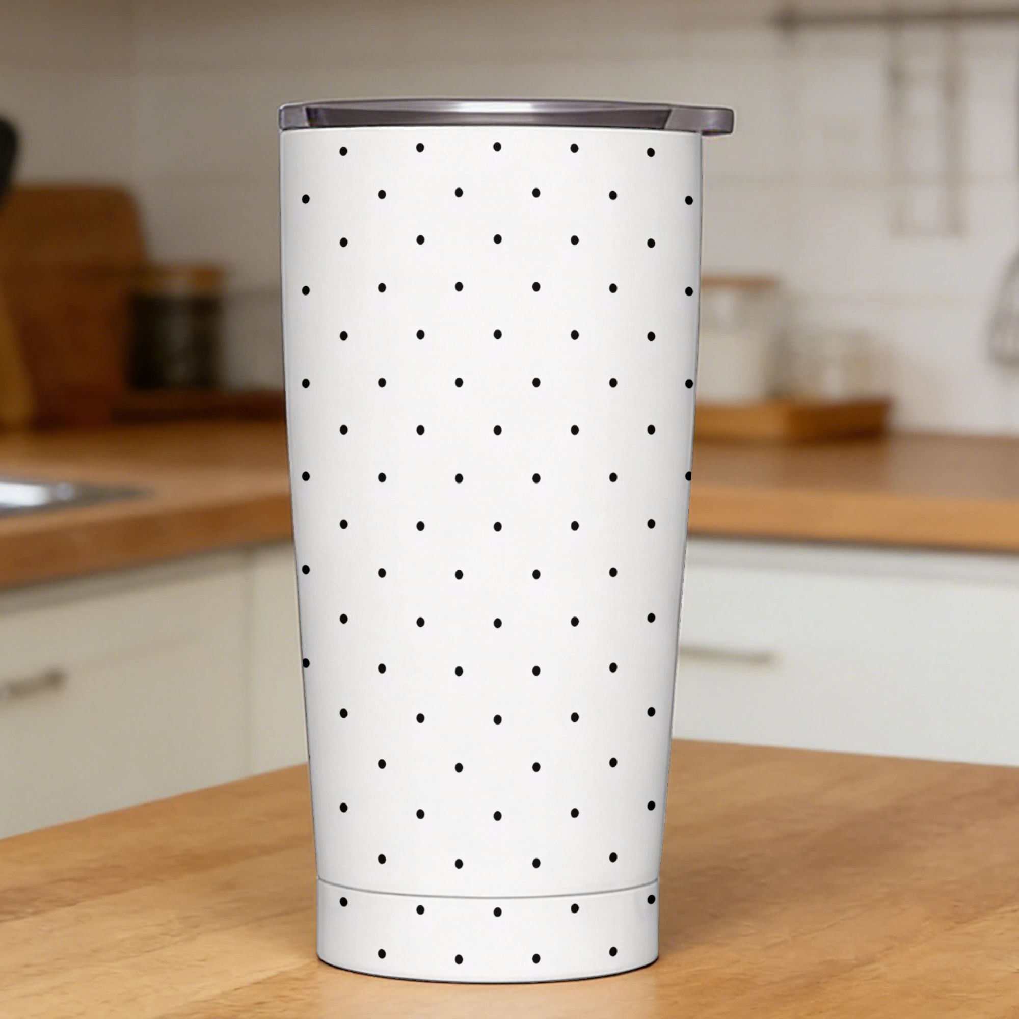 黒と白の水玉模様のステンレス鋼製タンブラー、ストロー付き、ビ - Tumbler 20Oz White のレビューと価格