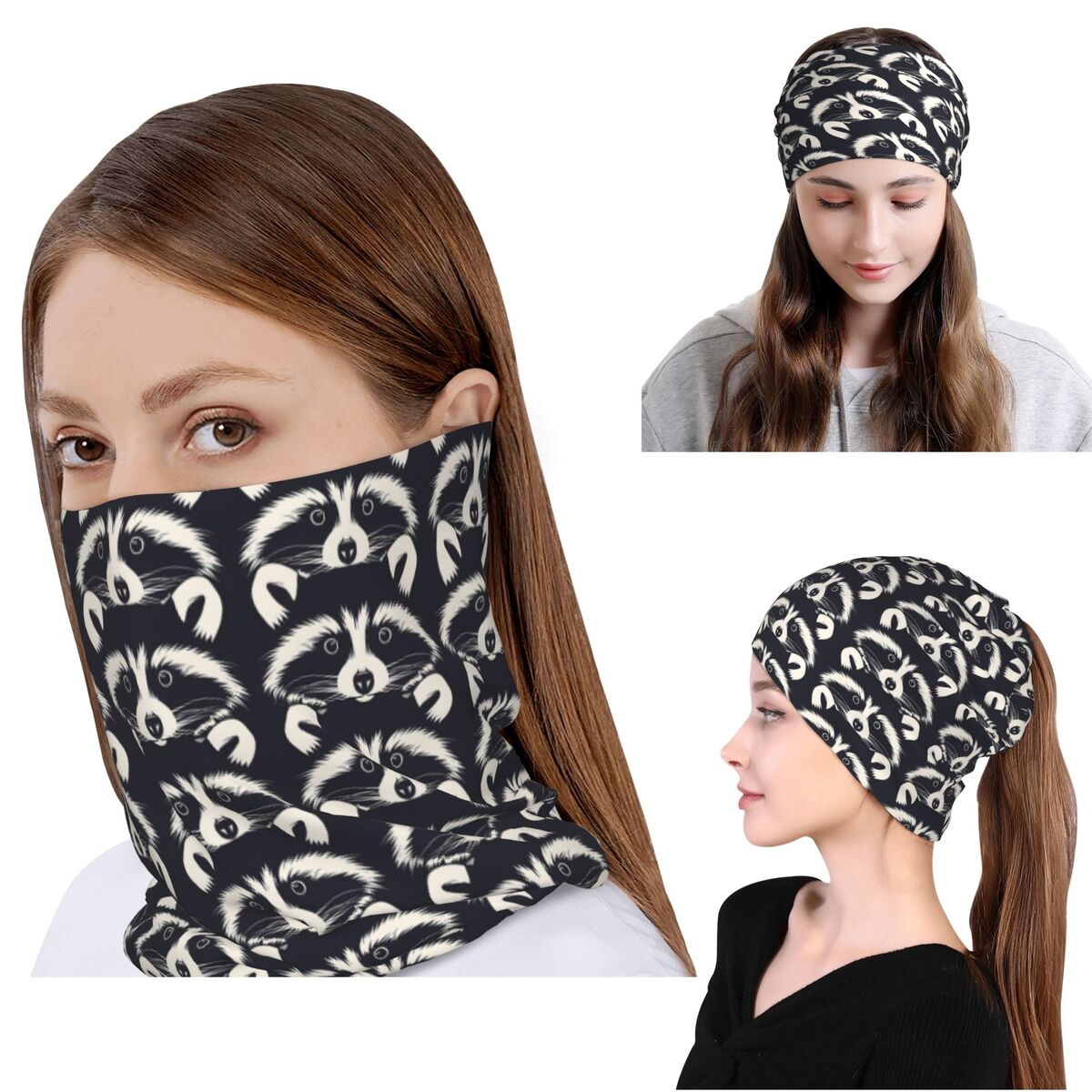 黒と白のアライグマの顔柄バンダナネックゲイターマジックスカー - Bandana Blank White のレビューと価格