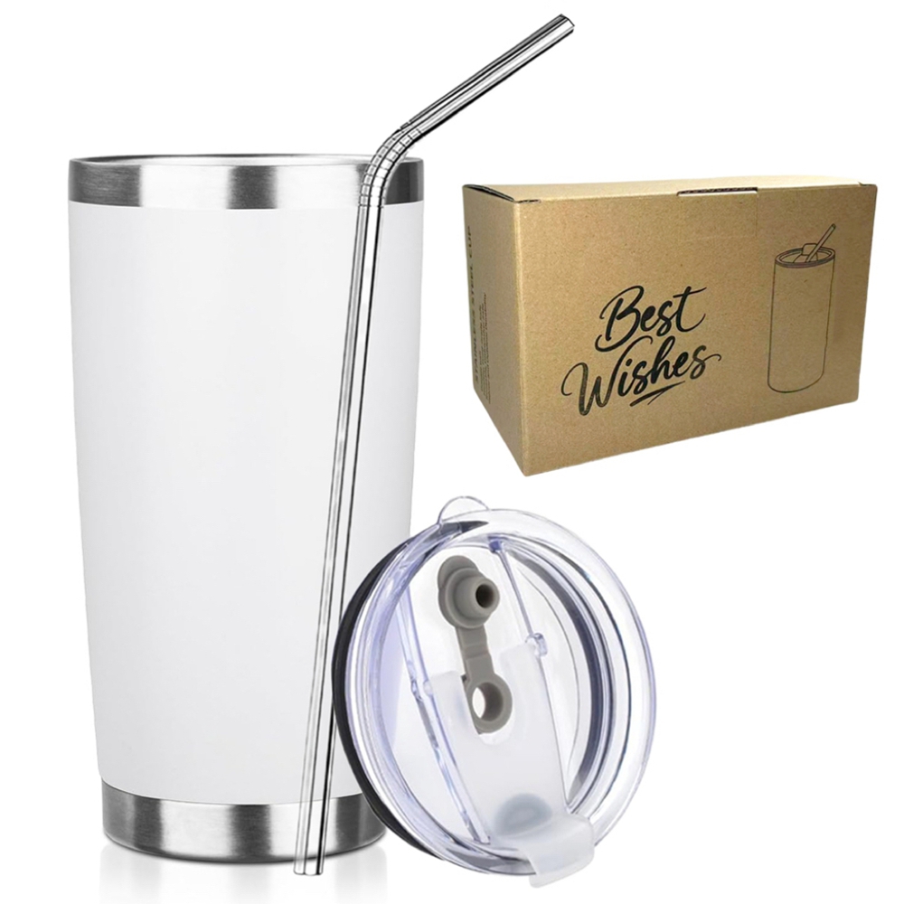 20オンス タンブラーマグ 蓋とストロー付き ステンレス製  - Tumbler 20Oz White のレビューと価格
